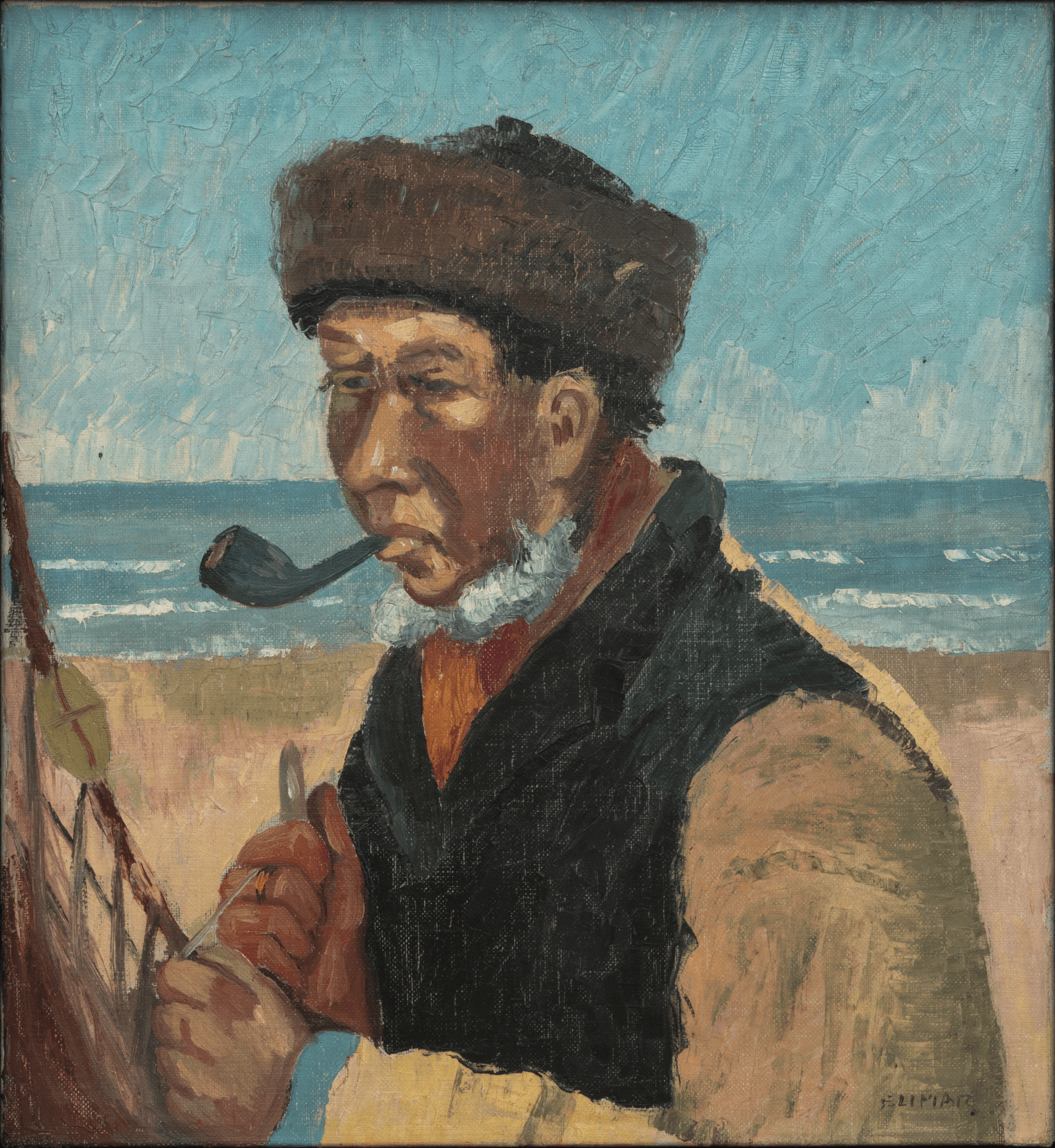 [PLACEHOLDER] Oil painting of a man mending a fishing net in a black frame.