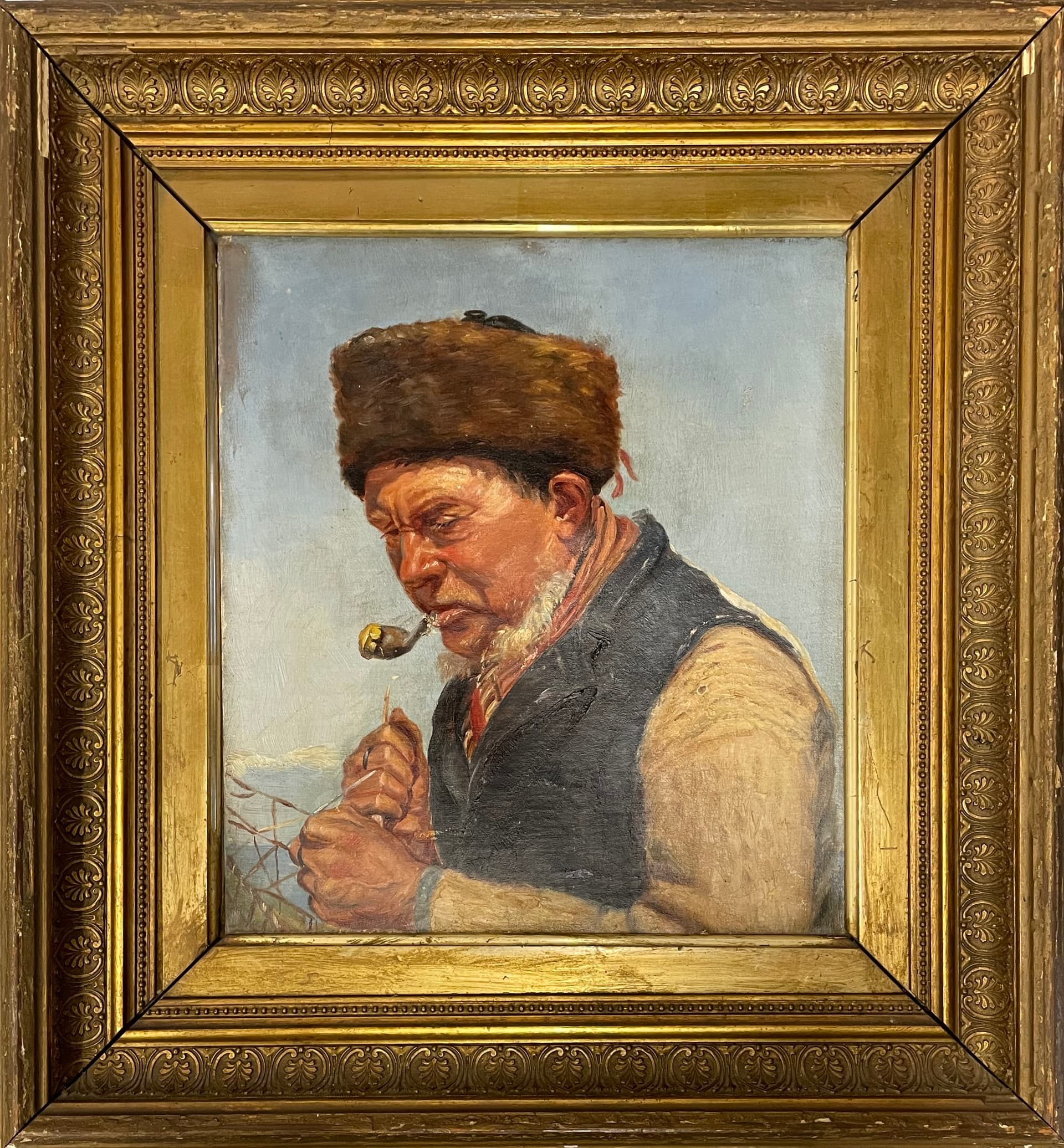 [PLACEHOLDER] Oil painting of a man mending a fishing net in a gold frame.