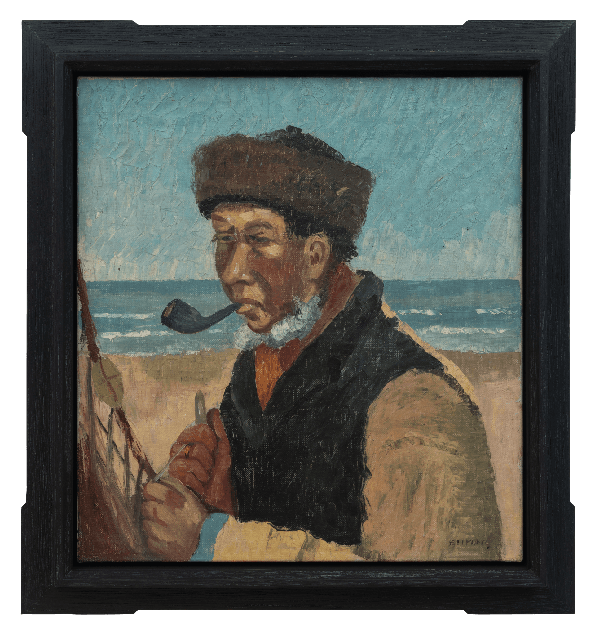 [PLACEHOLDER] Oil painting of a man mending a fishing net in a black frame.